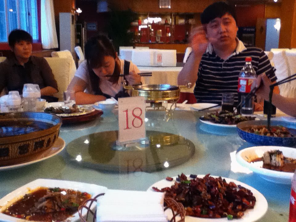 Eating in Shenyang after arriving with my friendss and friendss of theirs.  The food was delicious!  The world is so much more than beans.